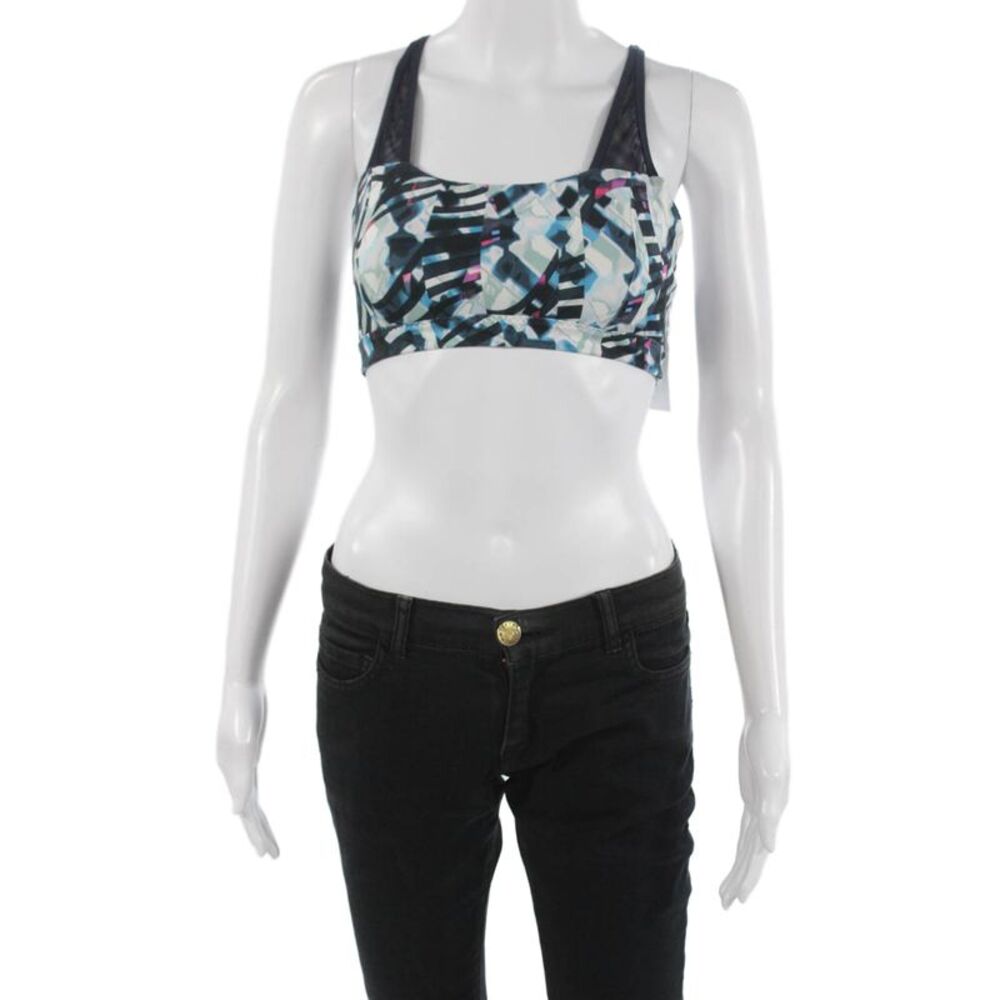 Athleta Womens Square Neck Strappy Back Abstract Sports Bra Navy White Small